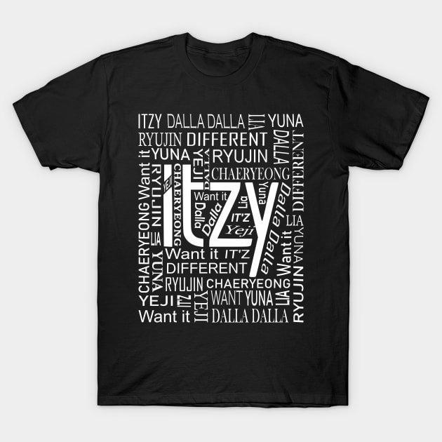 ITZY NAMES AND MUSIC COLLAGE WHITE T-Shirt by PLMSMZ